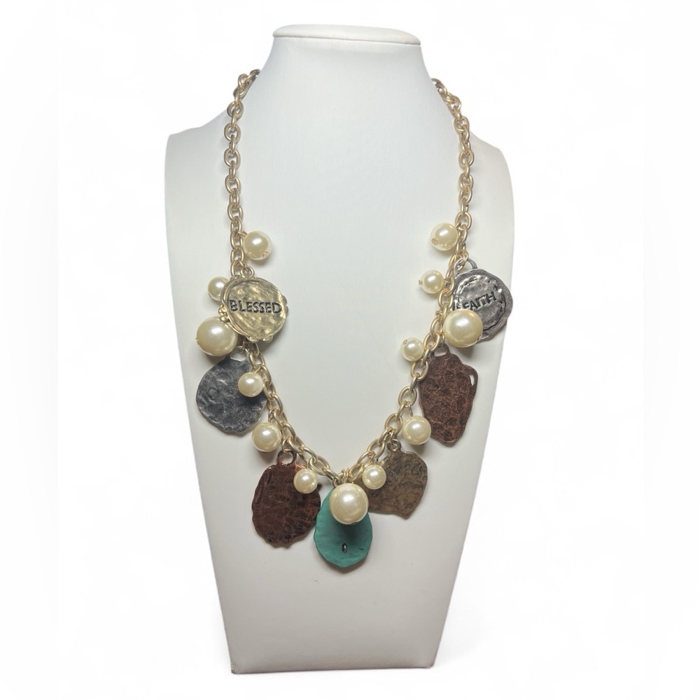 Chunky Faith Blessed Charm Necklace‎ Faux Pearl Dangle Mixed Metal 18" + 3"